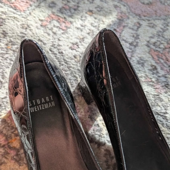 Stuart Weitzman Croc Embossed Leather Heels  Size 7.5 Square Toe Block Heel - Picture 4 of 7